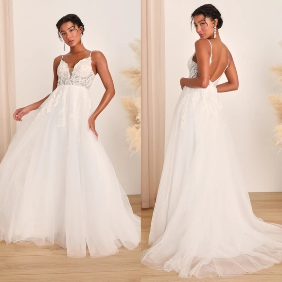 Lulus Fantasize About Forever White Tulle Lace A-Line Maxi Dress 4 Wedding Bride - Picture 1 of 14